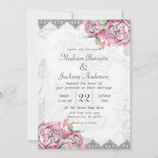 Romantic Chic Peony Floral Faire-part de mariage (Devant)