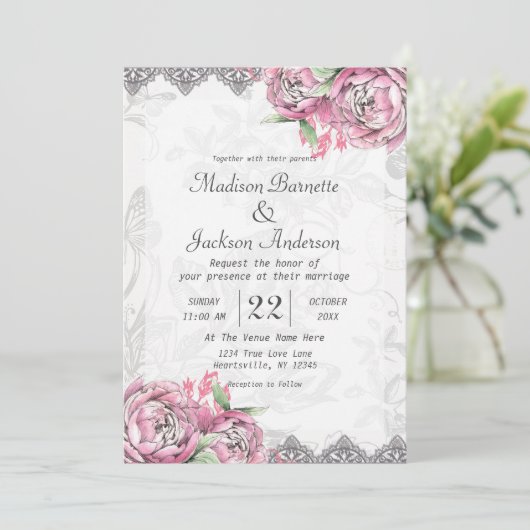 Romantic Chic Peony Floral Faire-part de mariage (Debout devant)