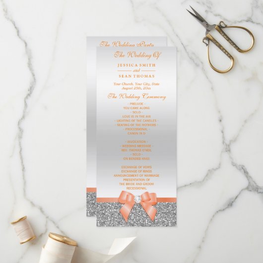 Romantic Coral Bow, Silver Glitter Wedding Program Programma (Voorkant / Achterkant in situ)