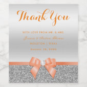 Romantic Coral Bow & Silver Glitter Wedding Wijn Etiket (Enkel label)