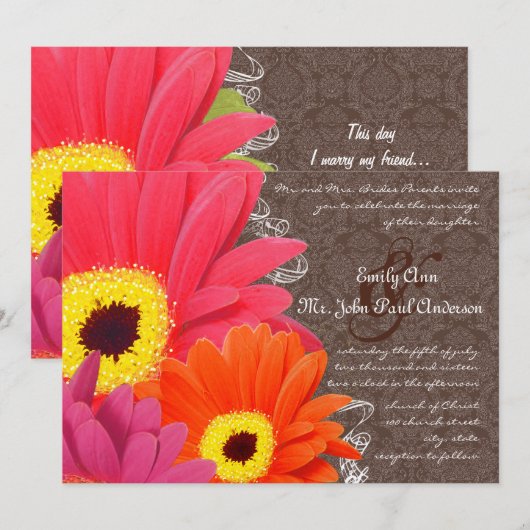 Romantic Coral & Fuchsia Gerber Daisy Wedding Kaart (Voorkant / Achterkant)