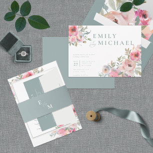 Romantic Cottage Flowers Blush Blue Sage Invitatio Kaart