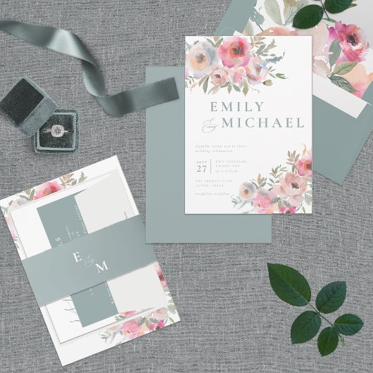 Romantic Cottage Flowers Blush Blue Sage Kaart