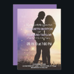 Romantic Couple Beach Mariage Violet Invitation<br><div class="desc">Invitations romantiques de mariage de couple de plage pour le thème de mariage de plage - Montre la silhouette d'un couple afro-américain ethnique sur la plage avec le coucher du soleil dans l'arrière - plan et les lumières de bokeh dans les violets et les or. Back a un arrière -...</div>