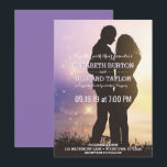 Romantic Couple Beach Mariage Violet Invitation<br><div class="desc">Invitations romantiques de mariage de couple de plage pour le thème de mariage de plage - Montre la silhouette d'un couple afro-américain ethnique sur la plage avec le coucher du soleil dans l'arrière - plan et les lumières de bokeh dans les violets et les or. Back a un arrière -...</div>