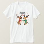 Romantic Couple Christmas Reindeer T-shirt<br><div class="desc">Celebrate the holiday season with this adorable couple's Christmas t-shirt. Featuring a reindeer couple, one with sunglasses and the other with a bow tie, holding hands amidst snowflakes and twinkling stars. The sweet message "Reindeer Together, Forever" or "You’re the Santa to My Reindeer" adds a romantic touch, perfect for Christmas...</div>