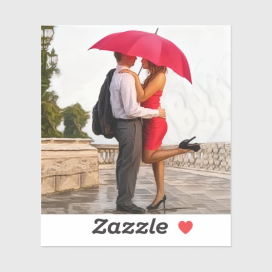 Romantic Couple Under Red Umbrella Sticker (Vel)