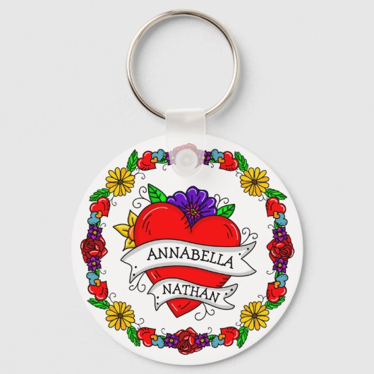 Romantic Couple's Gift | Kunst met Tattoo stijl Sleutelhanger (Voorkant)