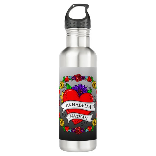 Romantic Couple's Gift | Kunst met Tattoo stijl Waterfles (Voorkant)