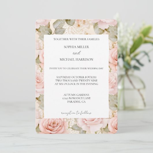 Romantic Cream Blush Pink Rose Floral Wedding Kaart (Staand voorkant)