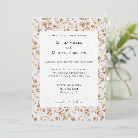 Romantic Cream Brown Floral Wedding Kaart (Staand voorkant)