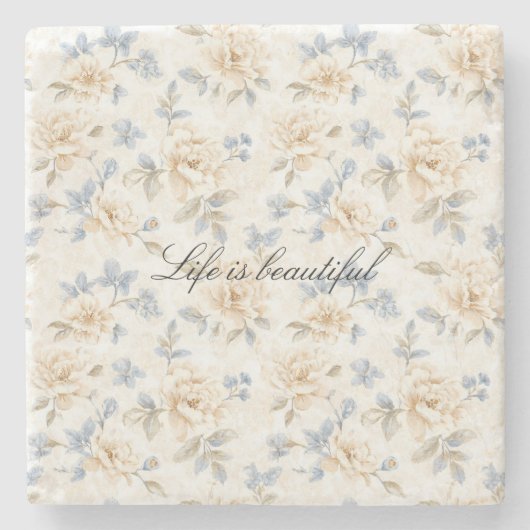 Romantic Cream Floral Blue Leaves Stenen Onderzetter (Voorkant)