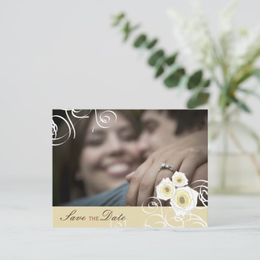 Romantic Cream Rozen & Swirls Foto sparen de Datum Aankondigingskaart (Staand voorkant)