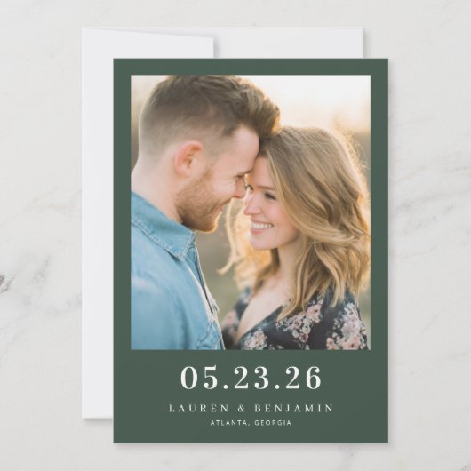 Romantic Dark Green Minimalist Photo Save The Date (Voorkant)