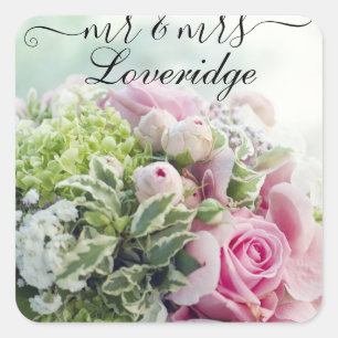 Romantic de heer en Mrs Pink Rose Floral Wedding Vierkante Sticker