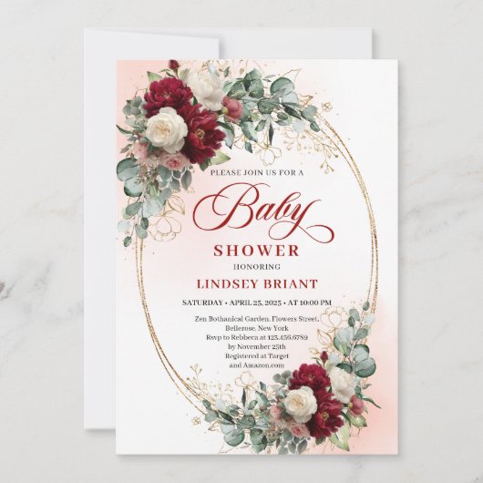 Romantic Deep Red Peony Baby Shower Invitation (Devant)