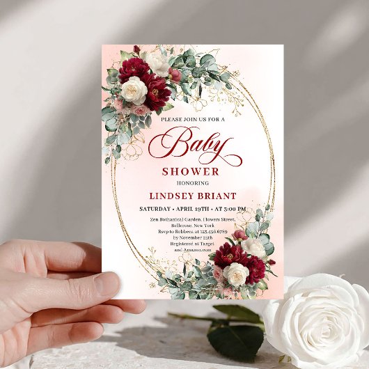 Romantic Deep Red Peony Baby Shower Invitation