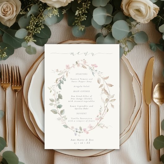 Romantic Delicate Blush Floral Wreath Wedding Menu