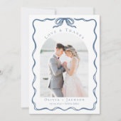 Romantic Doodle Coquette Bow Blue Wedding Photo Bedankkaart (Voorkant)