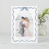 Romantic Doodle Coquette Bow Blue Wedding Photo Bedankkaart (Staand voorkant)