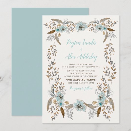 Romantic Dusty Blue Brown Boho Flowers Wedding Kaart (Voorkant / Achterkant)
