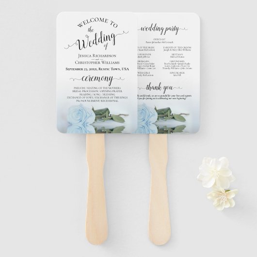 Romantic Dusty Blue Roos Elegant Wedding Programme Handwaaier (Voorkant en achterkant)