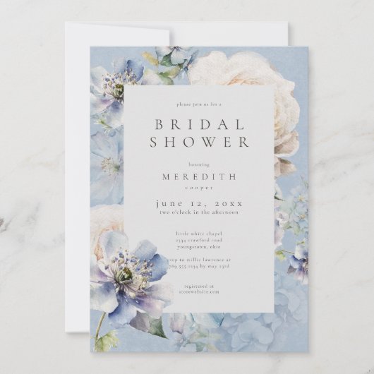 Romantic Dusty Blue White Floral Bridal Shower Kaart (Voorkant)