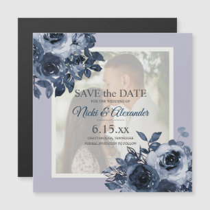 Romantic Dusty Navy Blue Photo Save Date Magnetische Uitnodiging