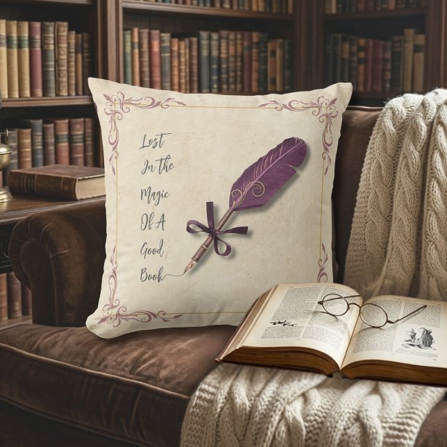 Romantic Dusty Rose Literary Quill Kussen (Create a cozy literary escape with this romantic dusty rose storybook throw pillow.)