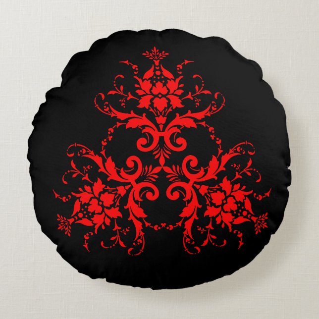 Romantic, Elegant  Damask Red Gothic Throw Pi Rond Kussen (Voorkant)