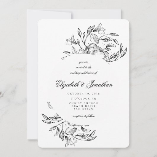 Romantic Elegant Floral Sketch Wedding Uitnodiging (Voorkant)