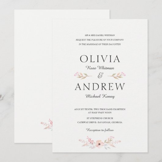 Romantic & Elegant Floral Wedding Invitation Kaart (Voorkant / Achterkant)