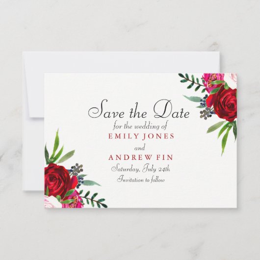 Romantic Elegant Red Rose Sparen de datumkaart Save The Date (Voorkant)