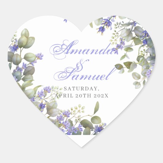 Romantic Eucalyptus & Lavender Weddenschap Hart Sticker (Voorkant)
