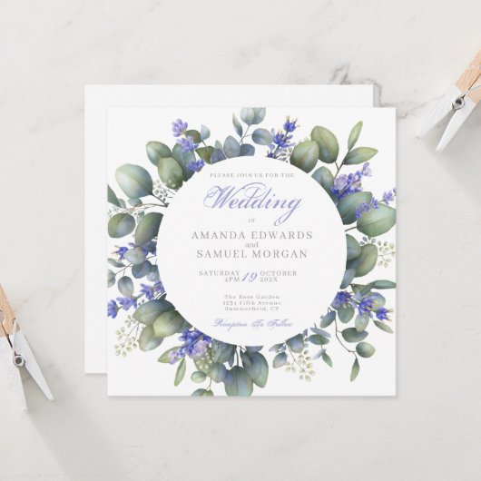 Romantic Eucalyptus & Lavender Wedding Invitation (Devant/Arrière en situation)