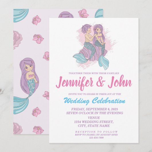 Romantic Fairy Tale Mermaid Wedding Invitation Kaart (Voorkant / Achterkant)