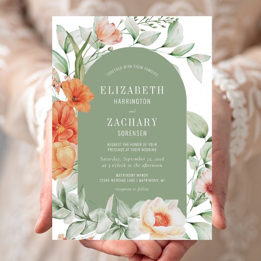 Romantic Floral Arch Peach Sage Green Wedding Kaart
