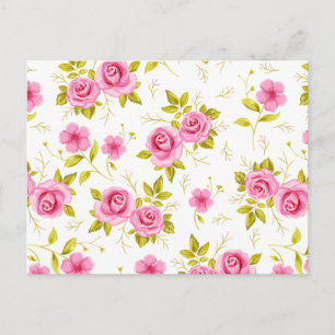 Romantic Floral Flowers Rozen Roze Witte Patroon Briefkaart