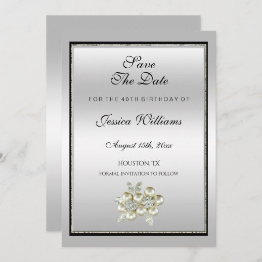 Romantic Floral Gem, Silver & Black Birthday Save The Date (Voorkant / Achterkant)