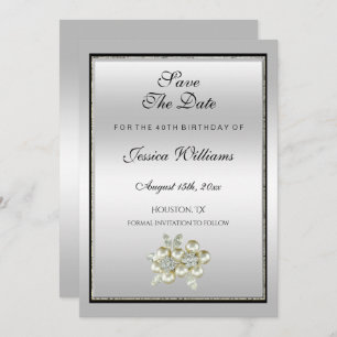 Romantic Floral Gem, Silver & Black Birthday Save The Date