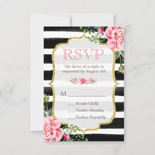 Romantic Floral Glitter B&W Striped RSVP (Voorkant)