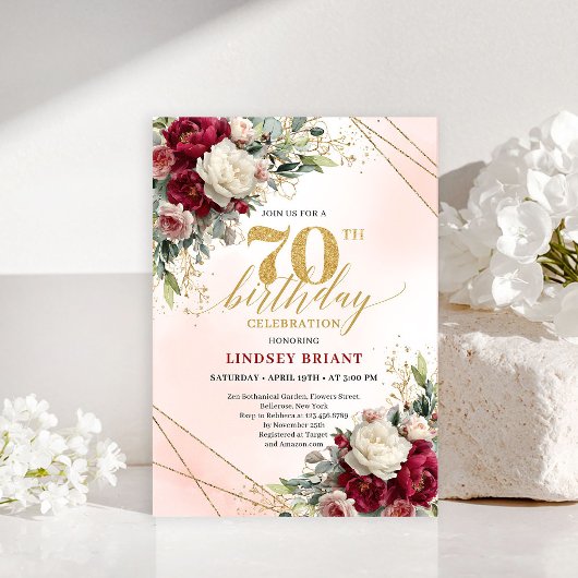 Romantic Floral Gold 70th Birthday Invitation