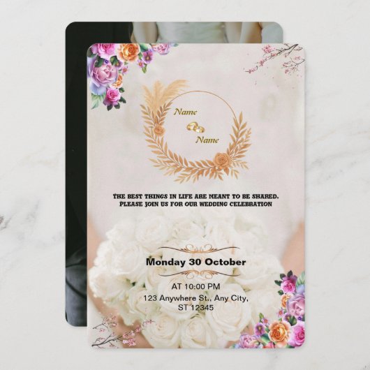 Romantic Floral Gold Wedding Invitation (Devant / Derrière)