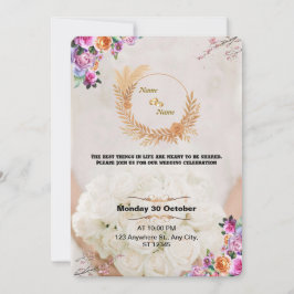 Romantic Floral Gold Wedding Invitation Kaart