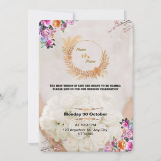 Romantic Floral Gold Wedding Invitation Kaart
