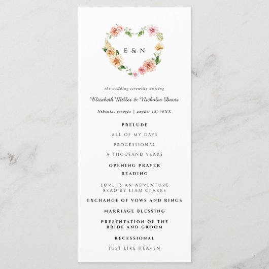 Romantic Floral Heart Wedding Ceremony Program Programma (Voorkant)
