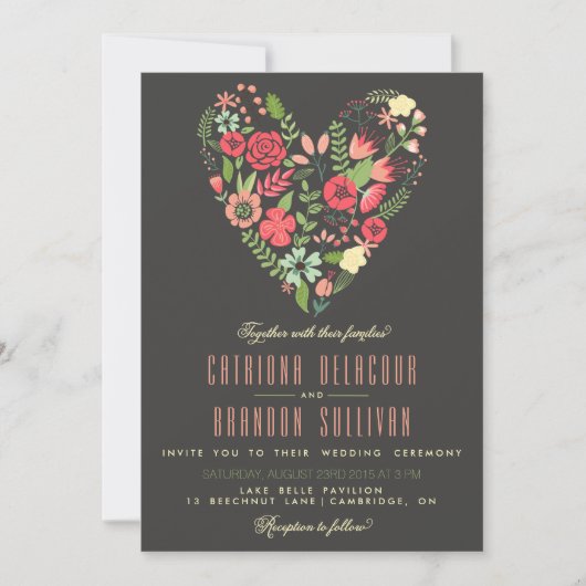 Romantic Floral Heart Wedding Invitation Kaart (Voorkant)