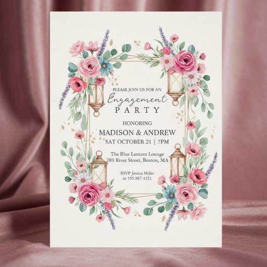Romantic Floral Lantern Engagement Invitation