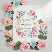 Romantic Floral Lantern Engagement Invitation Kaart