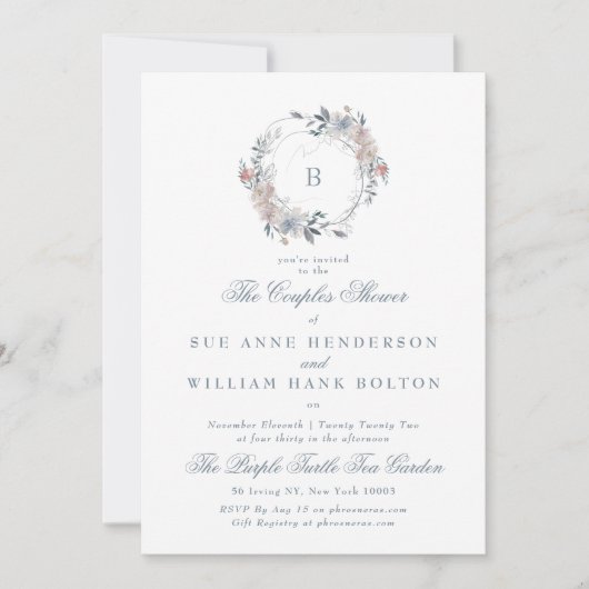 Romantic Floral Monogram Wreatestellen Shower Kaart (Voorkant)